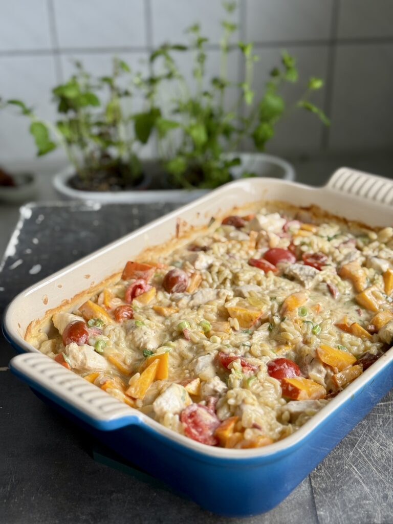 One pan opskrift med orzo, kylling og græskar